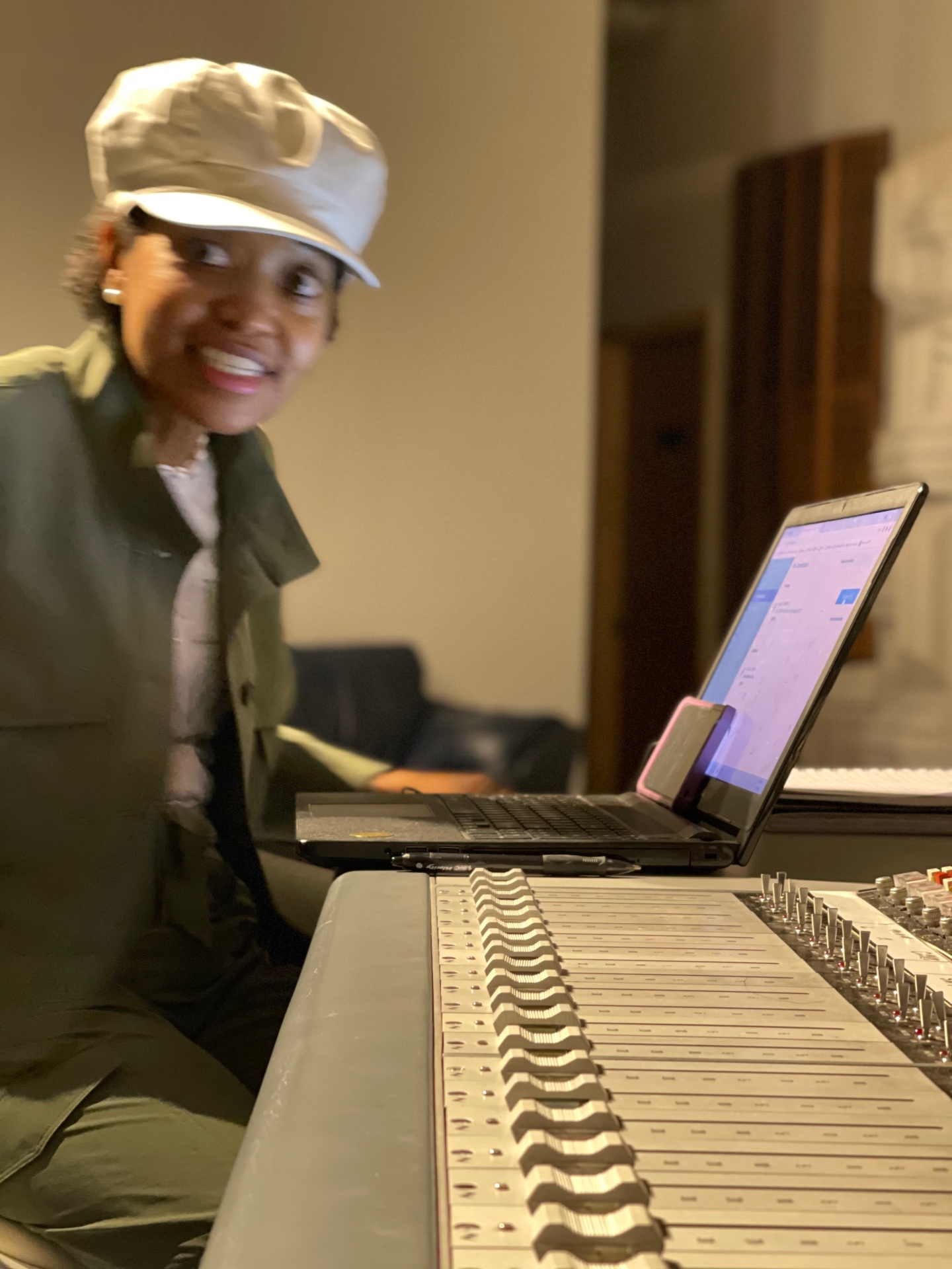 Close-up of Dr. Stephanie Jupiter at the studio microphone