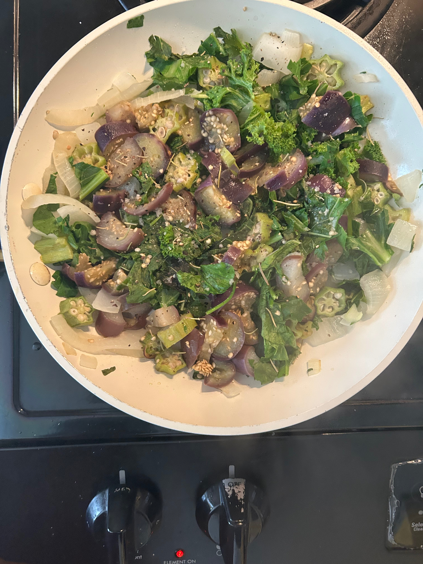 Eggplant, okra, kale, onion — a one-pan anti-inflammatory plate. Color is the prescription.