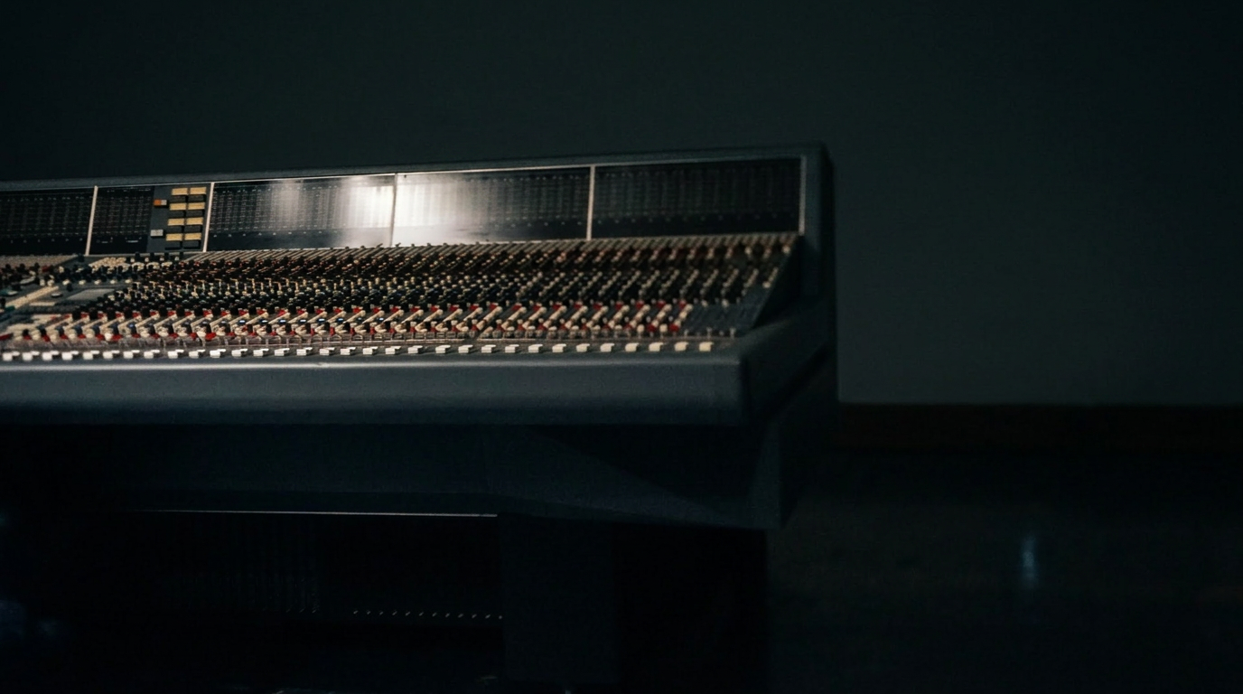 Moody dark control-room image featuring the analog console in the Performance Suite