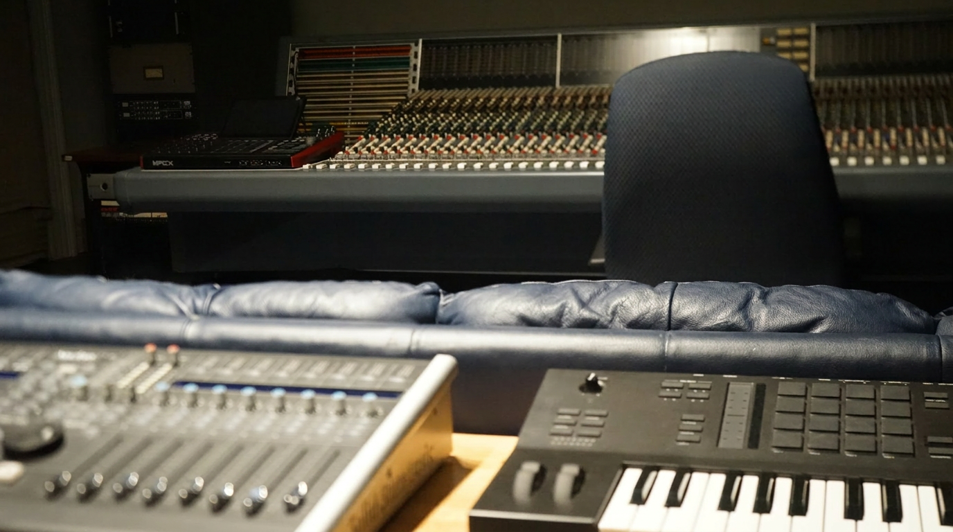Studio lounge and keyboard area inside the Performance Suite