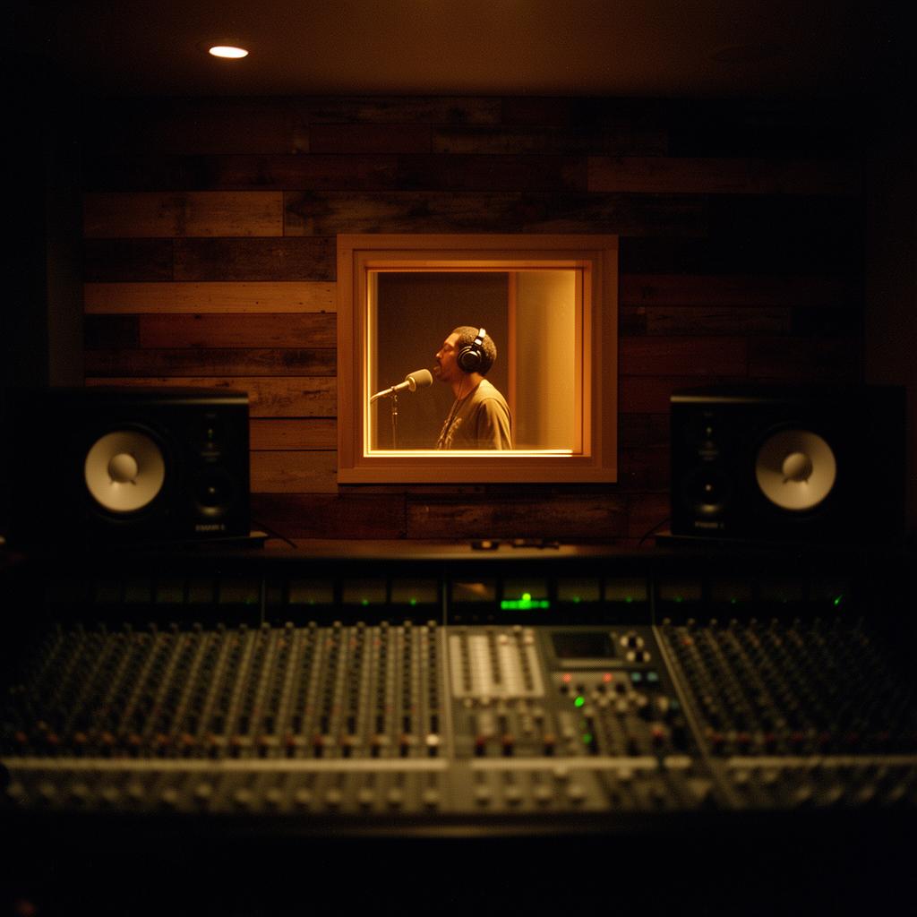 Vintage condenser microphone in a warm-lit studio